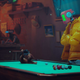 A cat cleans itself on a pool table while a robot looks on in Stray.